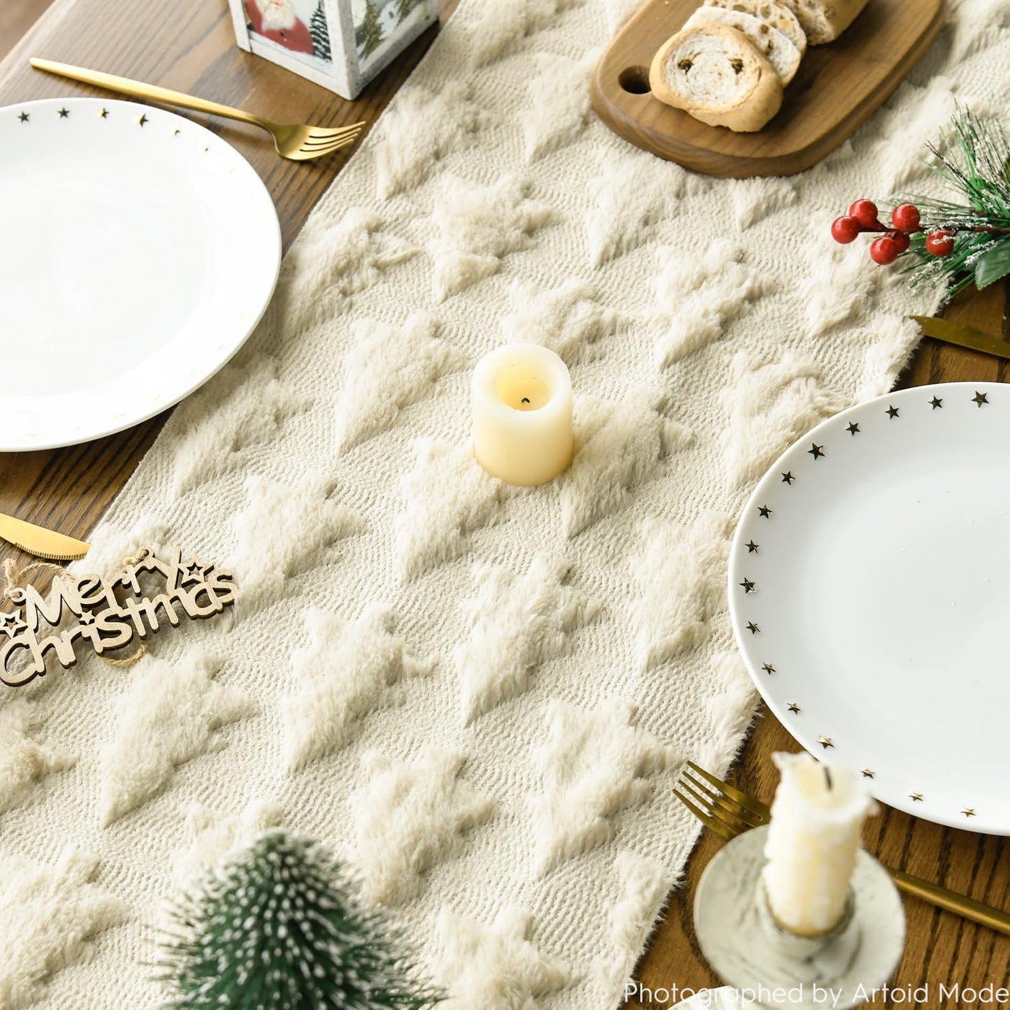 Artoid Mode Christmas Trees Beige Soft Plush Faux Fur Jacquard Christmas Table Runner, Holiday Kitchen Dining Table Decoration for Home Party Decor 13x72 Inch