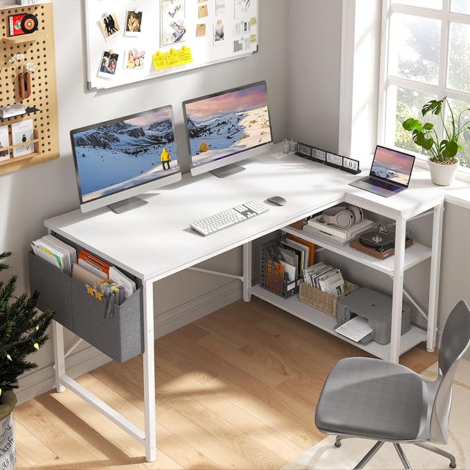 EnHomee 48 Inch L Shaped Gaming Desk, Computer Desk with Storage Shelves & Side Bag, Office Desk with Power Outlets, Small Corner Desk for Small Space Home Office Bedroom, Study Writing Table, White