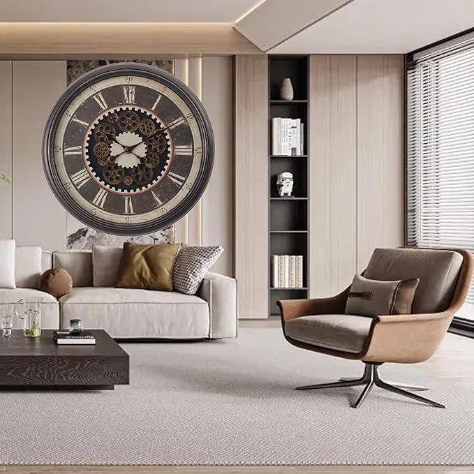 23 Inch Dark Brown Steampunk Wall Clock with Decorative Gears, Industrial Vintage Analog Clock for Living Room, Farmhouse, Office Decor, Silent Non-Ticking Battery Operated