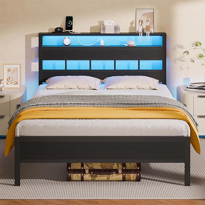 Furnulem Full Size Bed Frame with LED Light and Charging Station, Wood Storage Headboard with 2-Tier Shelves, Metal Platform Bed with Heavy Duty Slats Support, No Box Spring Needed, Black Oak