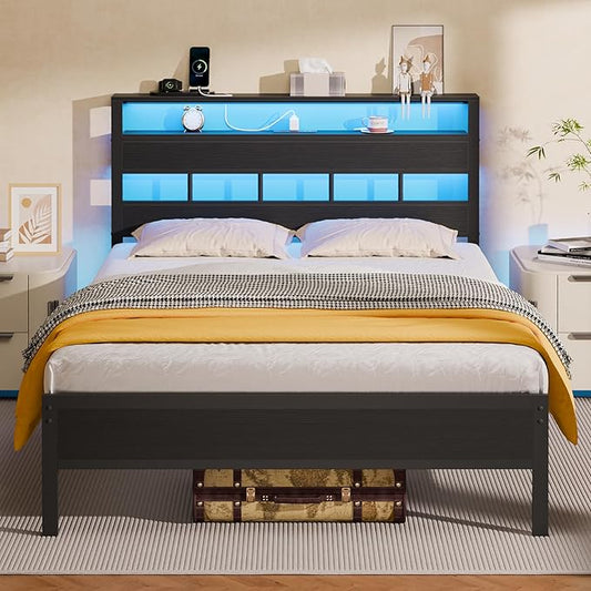 Furnulem Full Size Bed Frame with LED Light and Charging Station, Wood Storage Headboard with 2-Tier Shelves, Metal Platform Bed with Heavy Duty Slats Support, No Box Spring Needed, Black Oak