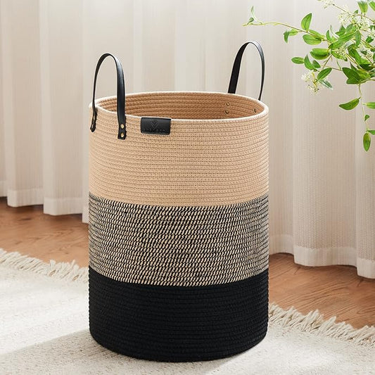 VIPOSCO Tall Laundry Basket, Large Dirty Clothes Hamper with Leather Handle, Woven Rope Storage Basket for Blanket, Toy In Living Room, Bathroom, Bedroom - 58L Brown & Black