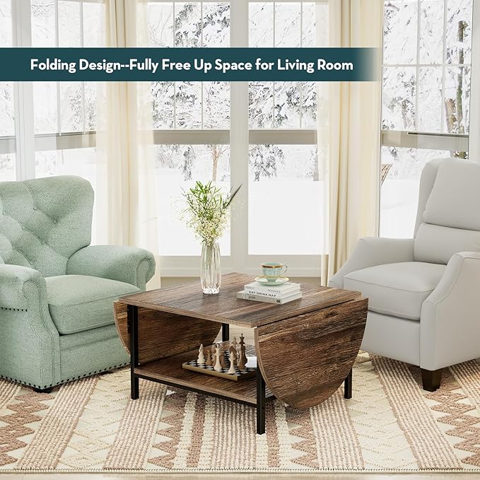 SAYGOER Folding Coffee Table for Living Room, Small Coffee Tables with 2-Tier Storage, Mid Century Modern Center Table for Small Space, Farmhouse Table Square, Dark Brown