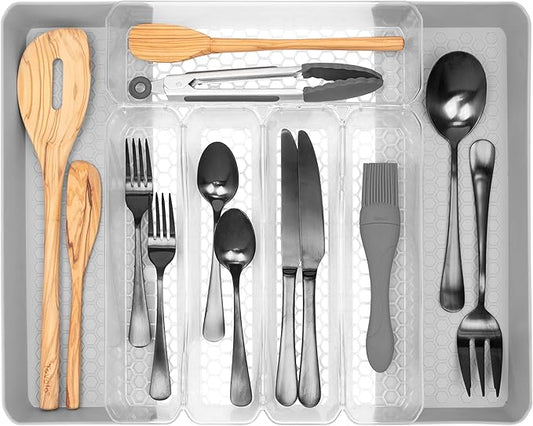 Spectrum Diversified Hexa Expandable Divided Drawer Organizer Tray Modern Kitchen Cutlery, Utensil, Silverware Holder, Cabinet Storage, 10 x 16, Clear Frost/Stone Gray