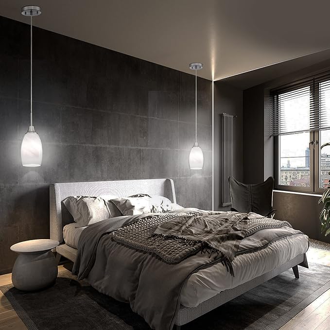 Mini Glass Pendant Light 1-Light with Handblown White Swirl Art Glass Adjustable Cord Brushed Nickel Finish 4.72" Modern Hanging Pendant Light for Kitchen Dining Room Living