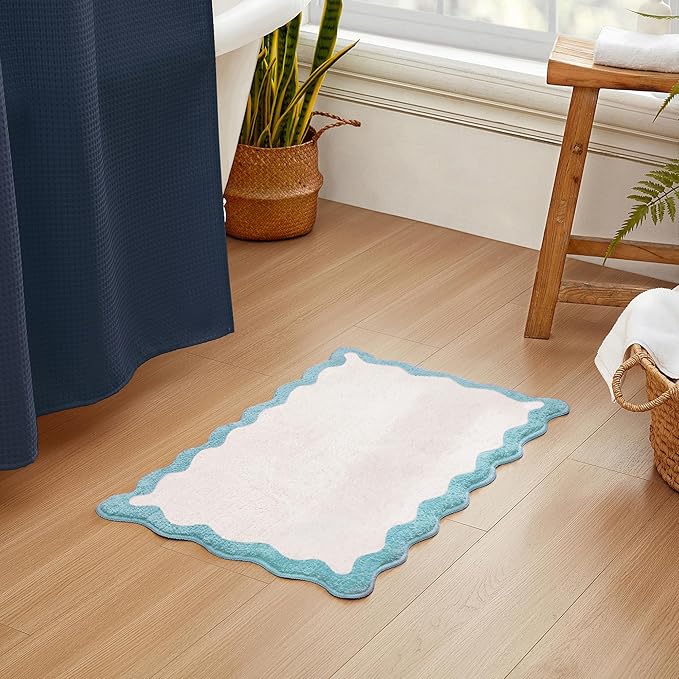 MONDAY MOOSE Bath Mat with Scalloped Wavy Ripple Design, Microfiber Absorbent Non Slip Tufted Rug for Floor, Shower or Kitchen (16x24 inch, Sky Blue)