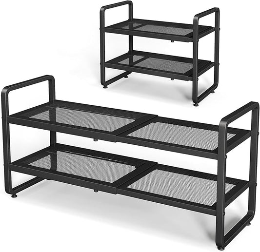 Shoe Rack - Expandable Shoe Organizer for Closet, Adjustable Metal Shoe Shelf Storage, 2 Tier Stackable Long Shoe Stand Holder for Garage, Entryway, Door Entrance, Black