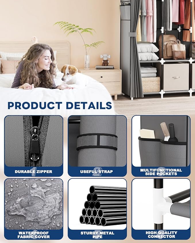 Mavivegue Portable Closet Wardrobe, Clothes Organizer with 4 Hanging Rods, Non-Woven Fabric Cover, Large Capacity Storage for Bedroom and Living Room,Gray, 67" W x 17" D x 67" H