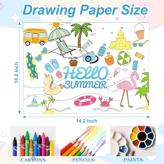 150 PCs Hello Summer Placemats Beach Theme Disposable Paper Placemats 14.2 * 10.2 Inch Coloring Sheets Bulk Disposable Dining Table Mats Party Holiday Table Decorations for Kids