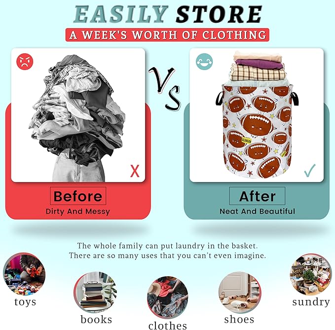 Funny Football Laundry Basket Foldable Oxford Cloth American Ball Laundry Hamper With Handle Portable Clothes Storage Basket 18.9 X 16.5 Inch Storage Bag For Laundry Room/Bathroom/Bedroom