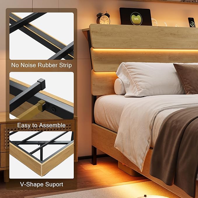 King Size Bed Frame with LED Headboard, Floating Bed Frame with Charging Station USB and V-Shaped Support, No Box Spring Needed, Noise Free, Easy Assembly, Oak