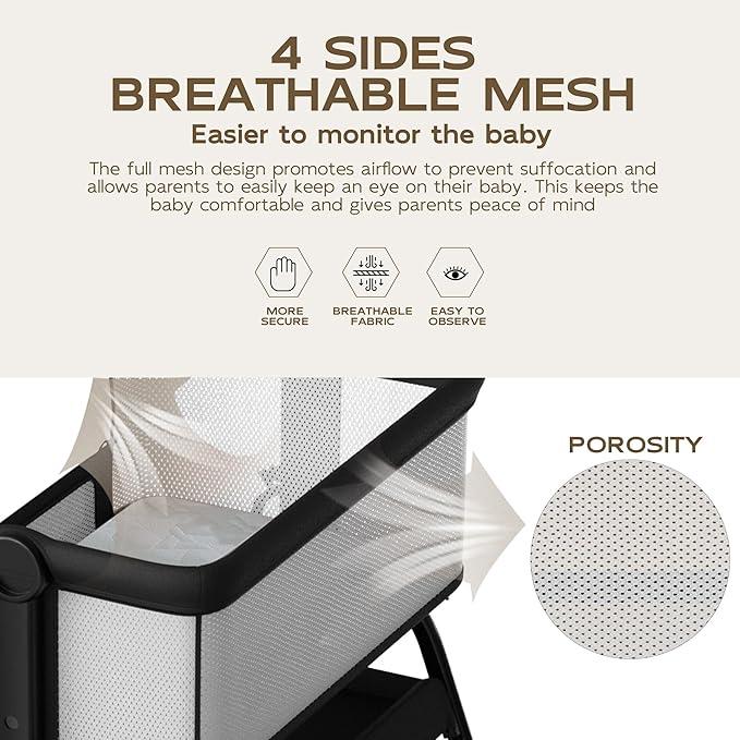 BabyBond Baby Bassinet, 3 in 1 Bassinet Bedside Sleeper with Washable Soft Mattress and Sheet, 6 Height Adjustable Bedside Crib, 4-Sided Mesh Bedside Bassinet for Baby