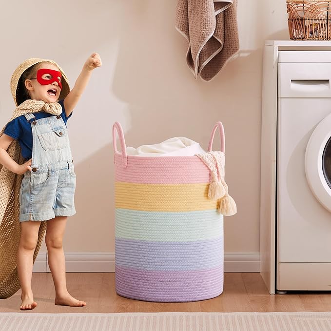 15Dx20H inches Baby Girls Kids Hamper Rainbow Laundry Basket for Nursery Clothes Pastel Unicorn Woven Hamper in Playroom Bedroom 60L Large Tall Blanket Basket for Toy Storage