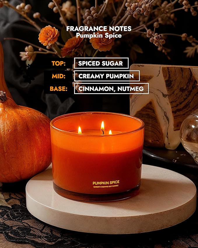 96NORTH Pumpkin Fall Candles | Large 3 Wick Jar Candle | Halloween & Fall Decor | Up to 40 Hours Burning | 100% Natural Soy Wax | Relaxing Aromatherapy Candle | Halloween Candle Gift