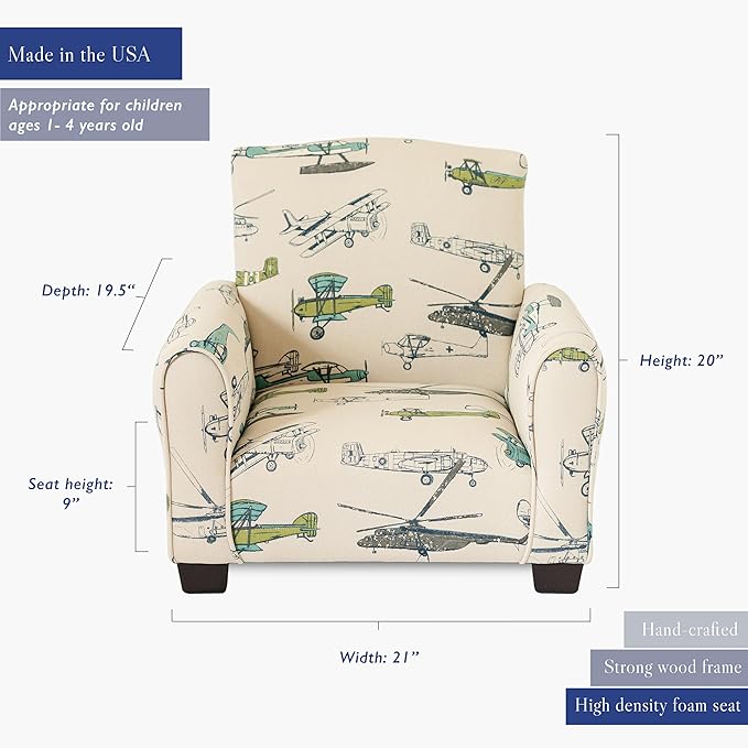 Toddler Personalized Armchair, Kids Upholstered Rocking Chair with Personalization, Toddler Chair with Personalized Name, Comfy Child Armchair, (Airplanes Print, Legs)
