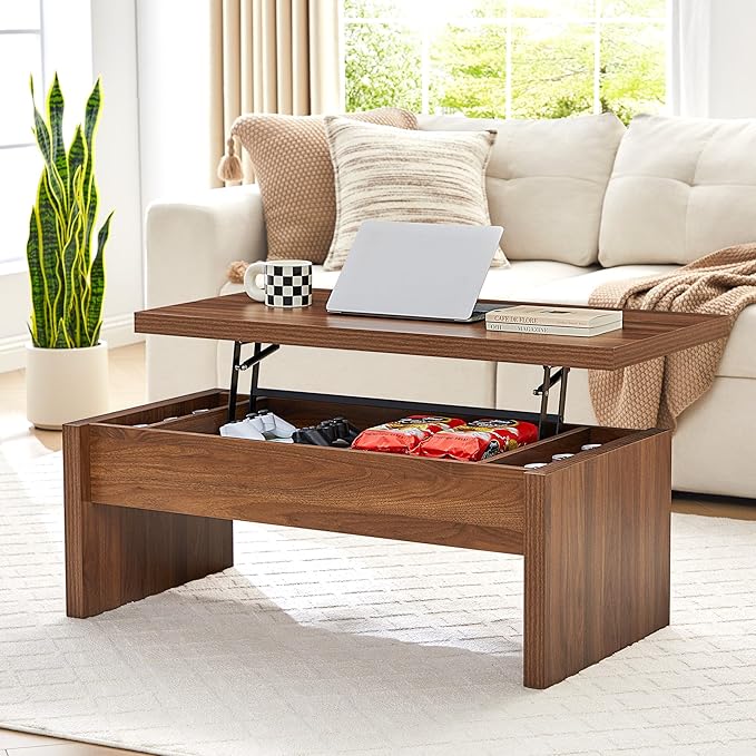 Small Lift Top Coffee Table, Wood Rectangle Coffee Table with Lifting Top and Hidden Storage Compartment, Mid Century Modern Center Tables for Small Space, Living Room, Office (Walnut)