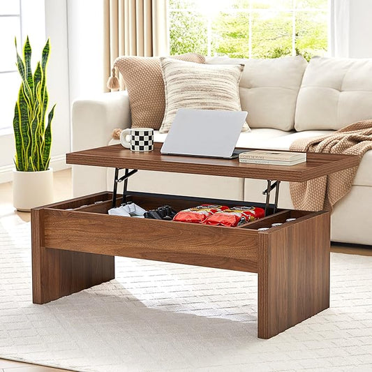 Small Lift Top Coffee Table, Wood Rectangle Coffee Table with Lifting Top and Hidden Storage Compartment, Mid Century Modern Center Tables for Small Space, Living Room, Office (Walnut)