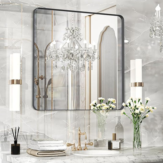 30×30 Black Bathroom Mirror, Rectangular Bathroom Vanity Mirror for Wall with Rounded Corners & Aluminum Alloy Frame, Tempered-Glass, Modern, Farmhouse, Horizontal/Vertical, Entryway, Bedroom