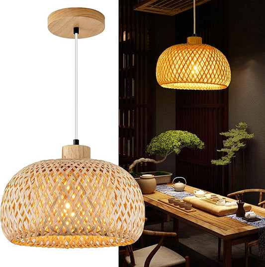 Bamboo Pendant Light, 11.8inch Hand-Woven Natural Wicker Rattan Bamboo Lamp, Beige Boho Hanging Chandelier, Rustic Island Dining Ceiling Light for Living Room, Kitchen, Farmhouse, Bedroom