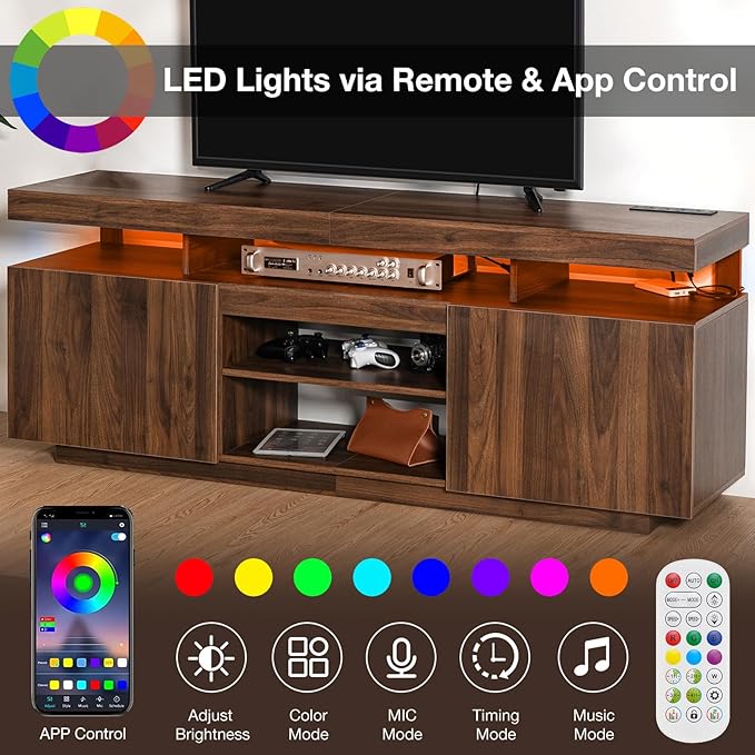HOMMPA LED TV Stand for up to 70" TV Entertainment Center with Power Outlets, Gaming TV Consoles with Storage Media Table with LED Lights Game Cabinet for Living Room Walnut