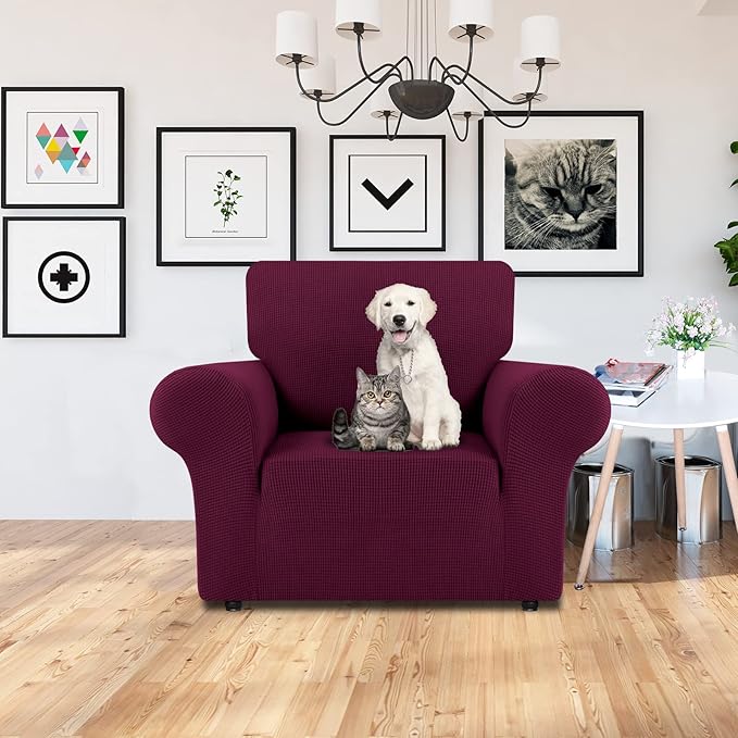 LURKA Stretch Chair Sofa Slipcovers 1 Piece Couch Covers for Sofa Furniture Protector Full Sofa Covers with Elastic Bottom for Kids and Dog (Small, Wine)