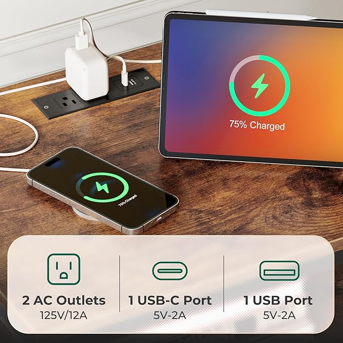 Huuger Night Stand with Charger Station, 27.7 Inch Tall Nightstand, Bed Side Table with 2 Fabric Drawers, Fabric Drawer Dresser for Bedroom, Living Room, Rustic Brown and Black