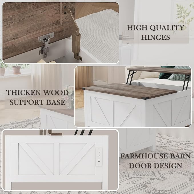 Farmhouse Coffee Table with Lifting Top with Hidden Storage Organizer, Square Lift top Coffee Table for Living Room with Charging Station&USB Ports, 35" Wood Storage Table Set for Home, Office-Grey