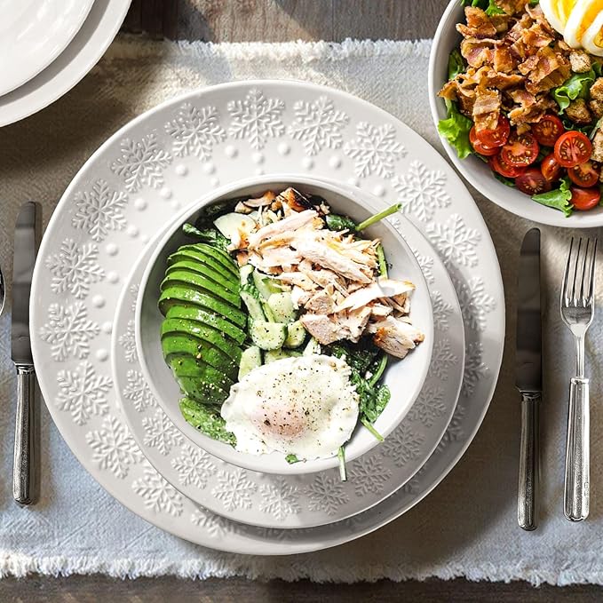 Cereal Bowls Set of 4 - Ceramic Soup Bowls for Kitchen 30 Oz Embossment White Breakfast Bowls for Rice, Pasta, Fruits, Salad, Ramen, 6.25 Inch, Dishwasher & Microwave Safe (Snowflake)