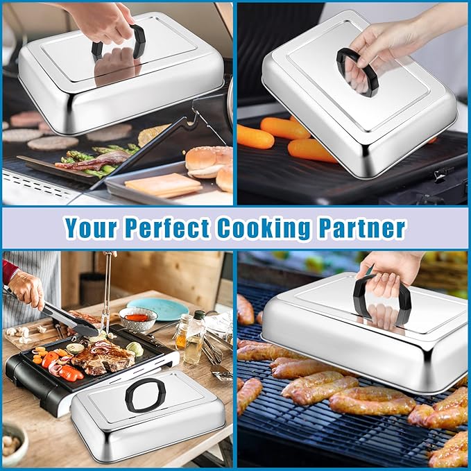 2PCS Rectangular Basting Cover, HaSteeL Stainless Steel Cheese Melting Dome Steaming Cover Lid, Heavy Duty Griddle Grill Accessories for Flat Top BBQ Kitchen Indoor & Outdoor, Dishwasher Safe