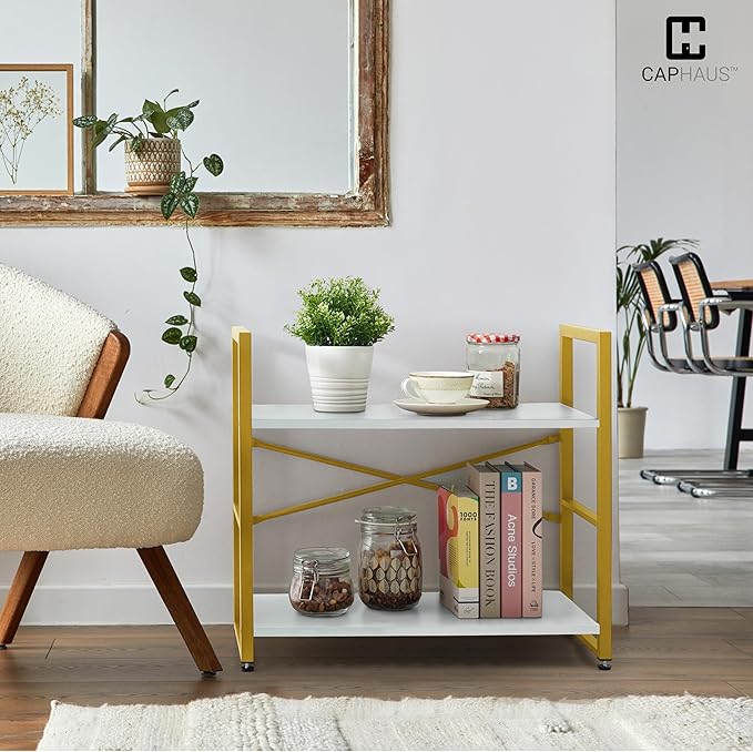 CAPHAUS 2 Tier Small Bookshelf, 24 Inch Width Free Standing Shelf, Bookcase Shelf Storage Organizer, Industrial Book Shelves for Home Office, Living Room, White Wooden Shelves & Gold Frame