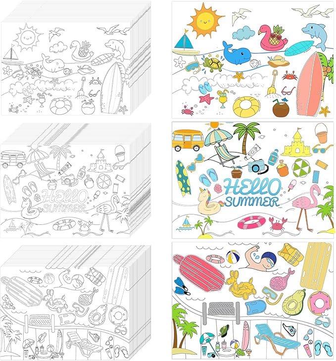 150 PCs Hello Summer Placemats Beach Theme Disposable Paper Placemats 14.2 * 10.2 Inch Coloring Sheets Bulk Disposable Dining Table Mats Party Holiday Table Decorations for Kids