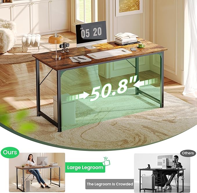 Huuger Computer Desk, 55 Inch Home Office Desk, Gaming Writing Work from Home Study Desk, Large Legroom, Sturdy Metal Frame, Modern Simple, Rustic Brown