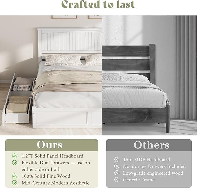 AMERLIFE Queen Size Solid Wood Bed Frame with 50" Tall Headboard, Mid-Century Modern Bed with Storage, Wooden Platform Bed with 2 Drawers, No Box Spring Needed, White
