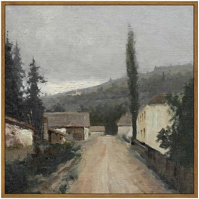 InSimSea Square Framed Canvas Wall Art, Vintage Village Paintings, Rustic Scenery Wall Pictures for Bedroom Bathroom Living Room, Canvas Prints Artwork, Home Retro Decor 16"x16"