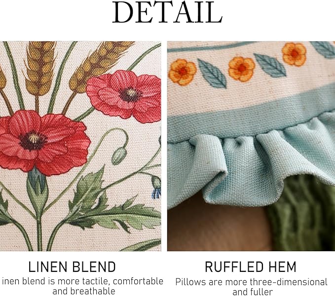 Design Linen Round Throw Pillow Covers Diameter 16" Pack of 2, Fresh Farmhouse Cushion Covers with Red Watercolor Wildflower Pattern Decor Pillowcases for Bed,Living Room,Outdoor,Car