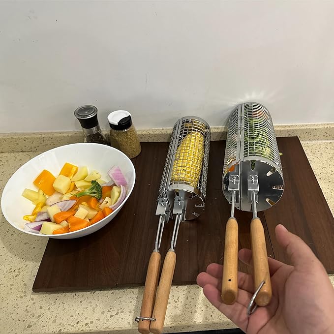 Rolling Grill Basket(2PCS),304 Stainless Steel, BBQ Grill Basket, Wooden Handle,Flip Rolling Cage, BBQ Accessories Tool for Vegetable Shrimp, Outdoor Cooking & Camping BBQ, Ideal Gift for Men, Dad