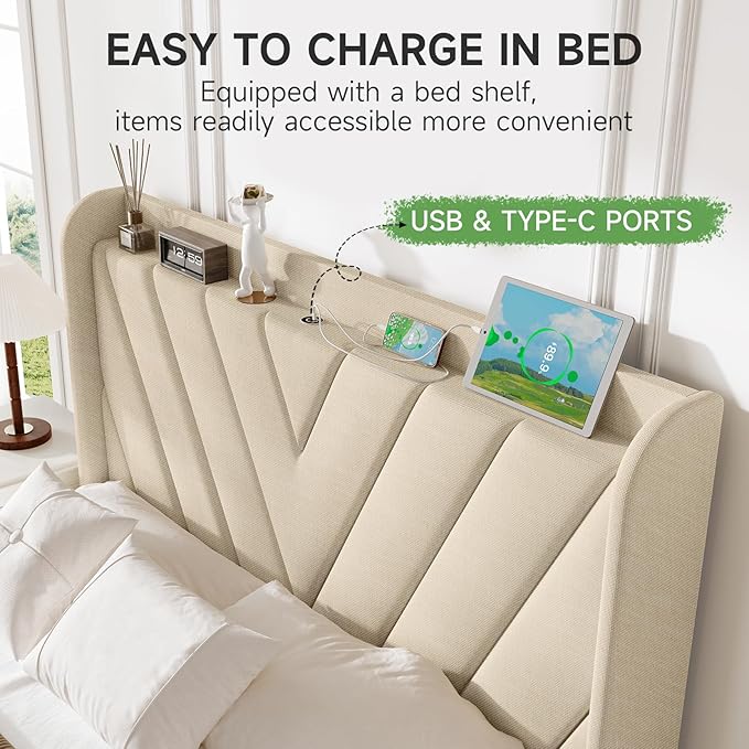 koorlian Full Size Bed Frame, Full Bed Frame with Headboard, Adjustable Upholstered Bed Frame with Type-C&USB Port, Wingback Storage Headboard, Noiseless, No Box Spring Needed, Beige