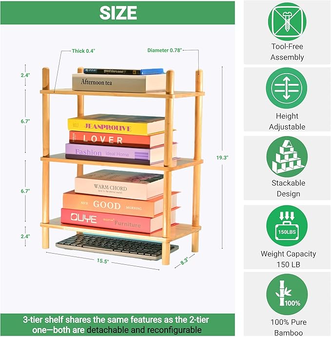 Bamboo Rack | Tool-Free Expandable (2-6 Tiers) | Kitchen Spice Organizer & Office Breakroom Snack/Cup Storage (Natural Bamboo)(Powered by Gogogo) (Natural, 15.6" W(3 Tier))