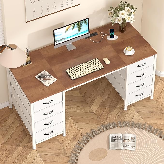 50 Inch Computer Desk with 8 Drawers, Home Office Desk with Power Outlets, Work Study Gaming Desk with 8 Fabric Drawers, Brown and White