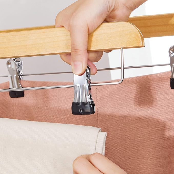 SONGMICS Wooden Pants Hangers 8 Pack, Pants Hangers with Adjustable Anti-Rust Metal Clips, 360° Swivel Hook, Skirt Hangers for Pant, Skirts, Natural Grain UCRW008-8