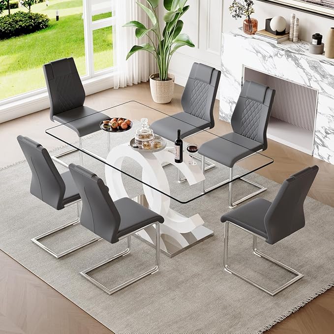 63'' Glass Dining Table Set for 6, Kitchen Table Chairs Set of 6, Clear Glass Dining Table with White unique design Leg and Silver Metal Base, 6 PU Dining Chairs with Metal Legs, Living Room, Kitchen.