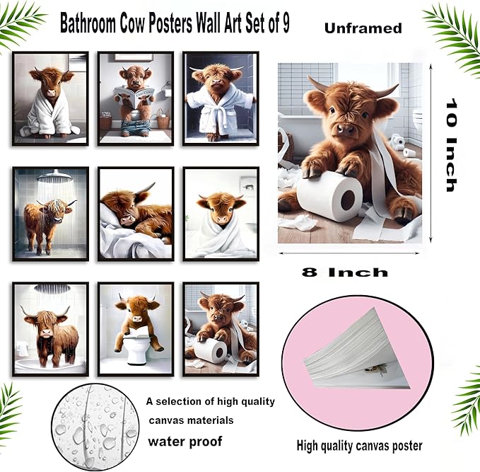 SEHSUVC Funny Bathroom Cow Posters Wall Art Set of 9, Highland Cow Canvas Prints Pictures, Art Animal Restroom Wall Decor for Bathroom Bedroom Babyroom Decoration 8x10In Unframed