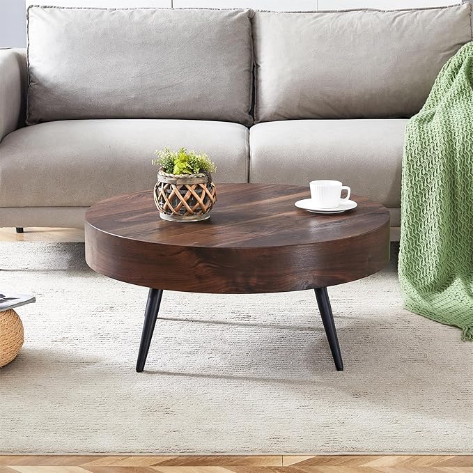 31.5'' Round Coffee Table for Living Room, Wood Texture Table Top, Black Metal Table Legs Tea Table for Dining Room Apartment Small Space (Black,Walnut)