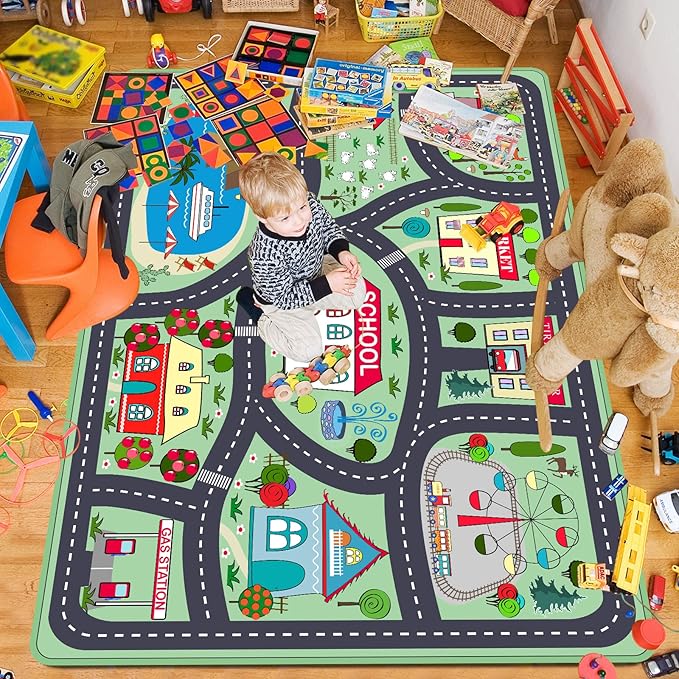 Kids Playmat Car Rug, Kids Play Rugs Town City Road Map Rug, Large Educational Car Mat, Boys Track Play Mat, Kid Rugs for Playroom Bedroom Living Room (Style 2, 78.7X 59 INCH)