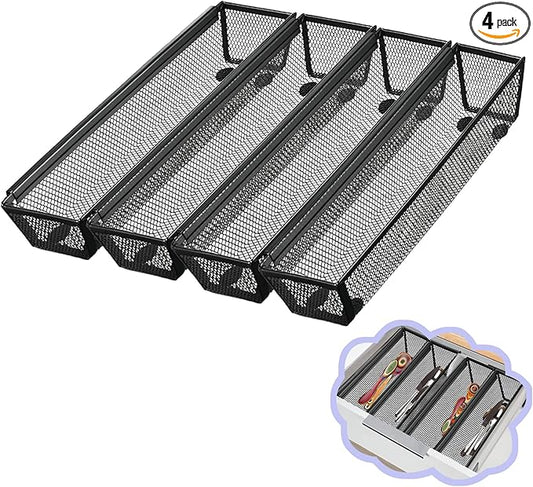 4PCS Drawer Organizer for Kitchen, Utensil Mesh Organizer With Interlocking Arm for Cosmetic, Flatware, Pen (12 * 3 * 2 Inches, Black)