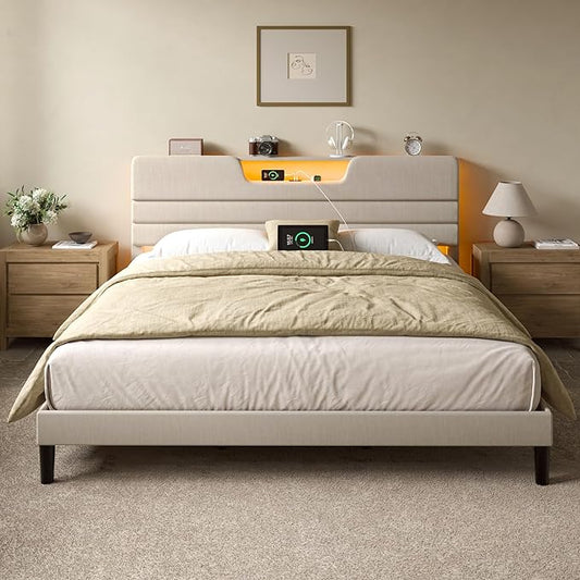 King Size Bed Frames with Upholstered Headboard, Modern Platform Bed with Charging Station and Led Lights, Bed Frame with Sturdy Wooden Slats/No Box Spring Needed/2-Tier Storage, Beige