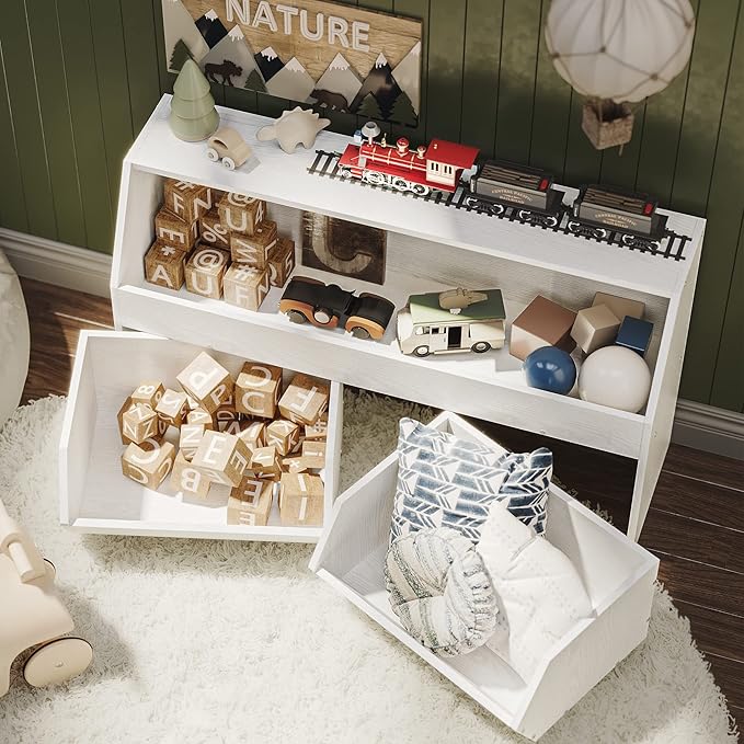 Toy Storage and Organizer for Kid, Large Toy Bin Bookcase Toy Cabinet with Two Moveable Drawers, Children Toddler Storage Carbinet with Wheels for Playroom, Bedroom, Nursery