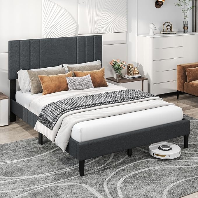 Giantex Full Size Platform Bed Frame, Modern Upholstered Bed Frame with Vertical Channel Tufted Headboard, Wooden Slats Support, No Box Spring Needed, Gray
