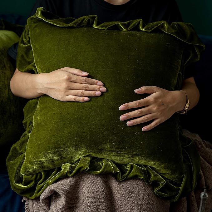 Velvet Throw Pillow Cover Soft Decorative Luxurious Solid Square Cushion Case for Sofa Couch Bedroom Farmhouse,Pack of 2, 18 x 18 Inches, Olive Green