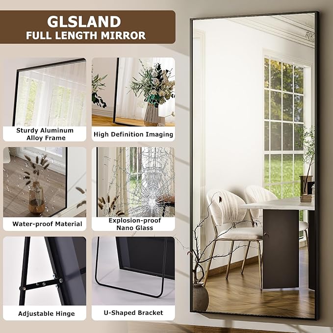 GLSLAND 68" x 24" Full Length Mirror - Rectangle Floor Mirrors Aluminum Alloy Frame Full Body Mirror for Bedroom, Living Room, Cloak Room,Black